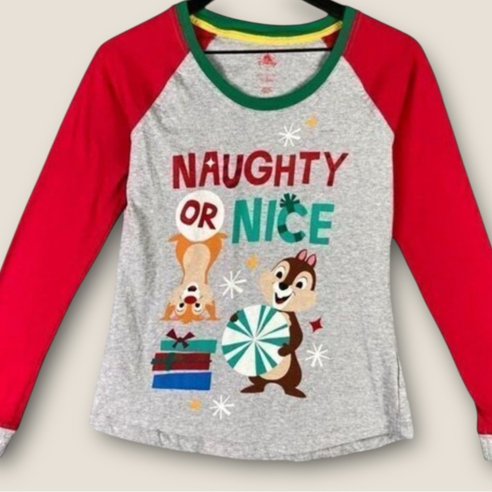 Disney Parks Chip Dale Naughty or‎ Nice Christmas Raglan Shirt Women’s Medium